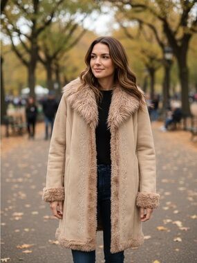 Route 66 Women's Beige Faux Shearling Trim Penny lane  Coat